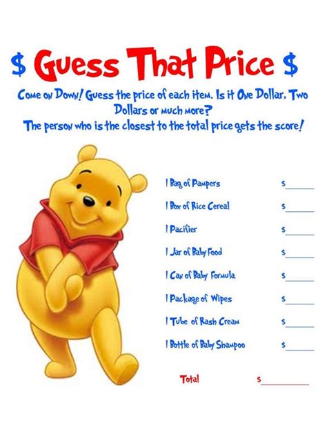 Winnie The Pooh Guess That Price Baby Shower Game