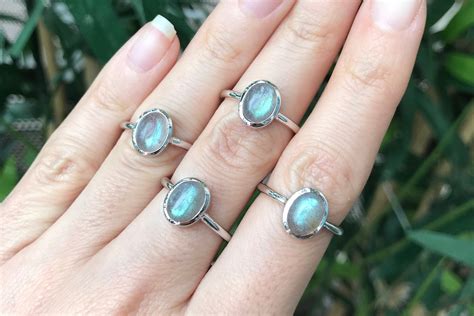 Oval Small Labradorite Silver Ring- Stackable Labradorite Bohemian Ring- Boho Minimal Gemstone ...