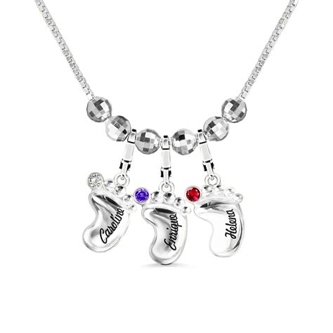 Engraved Name 3D Baby Feet Necklace with Birthstone Sterling Silver