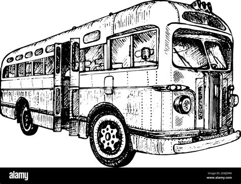 Hand drawn vintage retro city bus, doodle sketch graphics monochrome tracing vector illustration ...