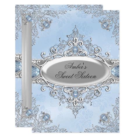 Elegant Silver Damask & Blue Jewel Sweet Sixteen Invitation | Zazzle.com | Sweet sixteen ...