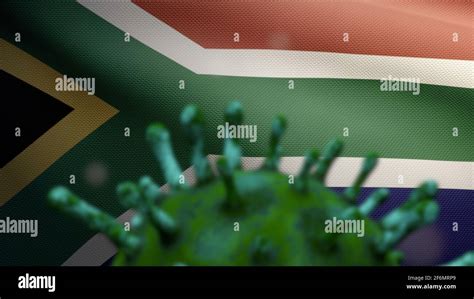 3D illustration Flu coronavirus floating over African RSA flag. South Africa banner waving with ...