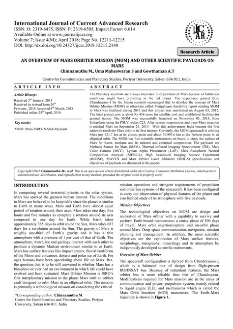 (PDF) AN OVERVIEW OF MARS ORBITER MISSION (MOM) AND OTHER SCIENTIFIC PAYLOADS ON