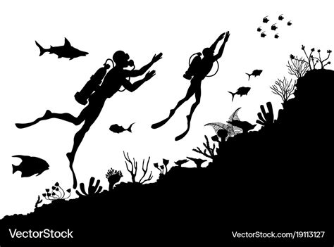 Silhouettes of divers exploring underwater reef Vector Image