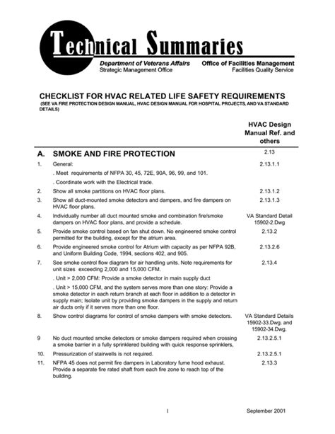 CHECKLIST FOR HVAC RELATED LIFE SAFETY REQUIREMENTS