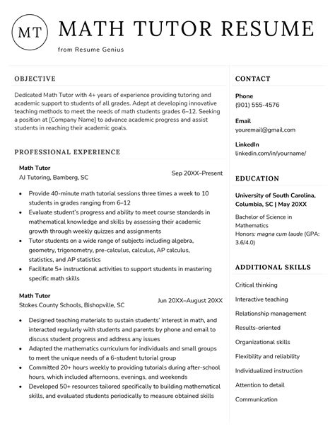 Math Tutor Resume - Example & 18+ Skills to List