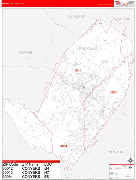 Rockdale County, GA Zip Code Wall Map Red Line Style by MarketMAPS - MapSales