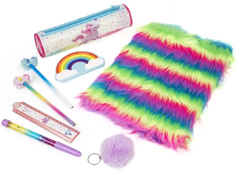 Unicorn Stationery Set in a Drawstring Bag - Unicorn Girls Furry Notebook Pencil Case Keyring ...