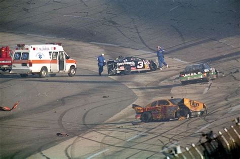 Dale Earnhardt's mangled No. 3 comes to rest following a violent crash at Talladega on July 28 ...