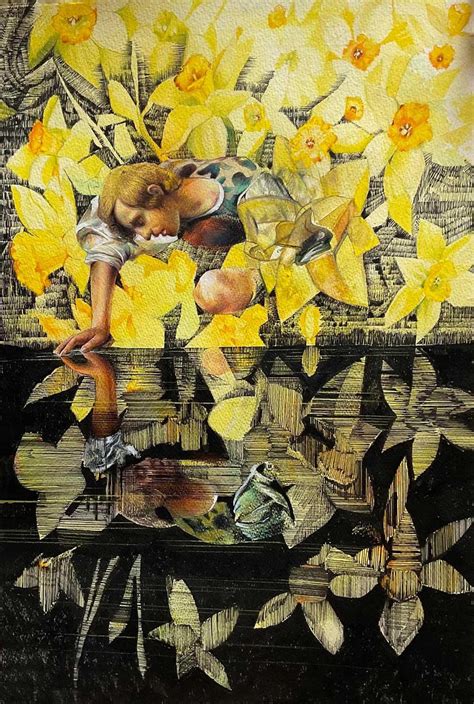 Stephen and Lorna Kirin - Narcissus after Caravaggio - contemporary colourful watercolour ...