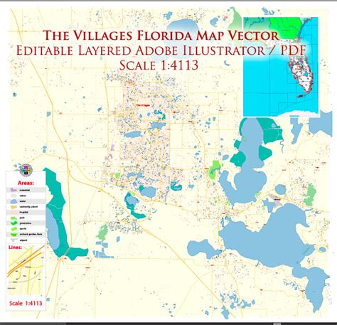 The Villages Florida US PDF Map Vector Exact City Plan High Detailed Street Map editable Adobe ...