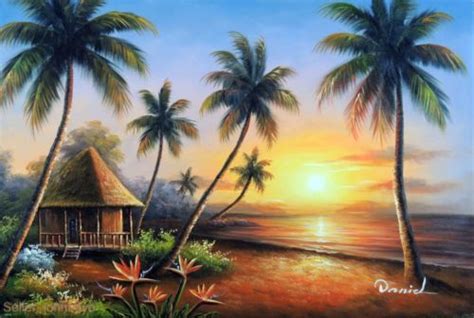 Hawaii Beach House Sunset Pacific Ocean Palm Tree 24x36 Oil On Canvas Painting | Painting, Art ...
