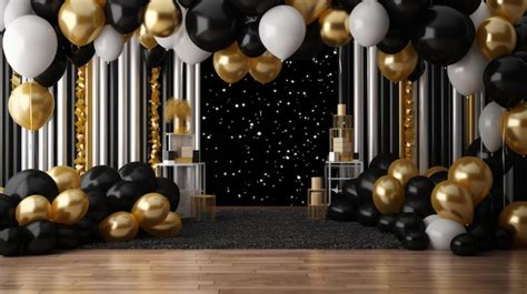 A black and white party backdrop with black and white balloons and a ...