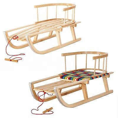 Kids Wooden Sledge Detachable Backrest Traditional Sled 2 Designs Metal Skids HQ | eBay