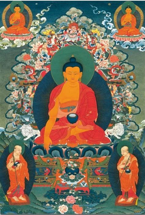 Buddha Shakyamuni with disciples. Above him to the left is Kashyapa – the previous Buddha – and ...