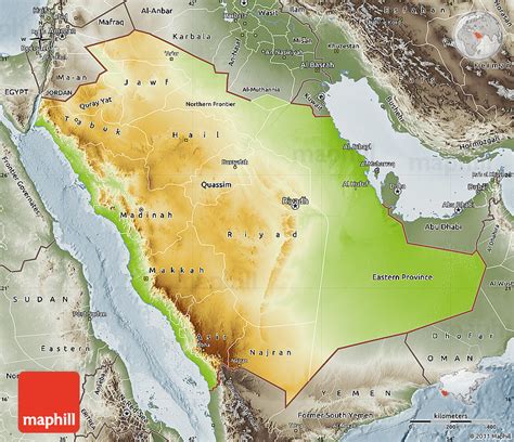 Physical Map of Saudi Arabia, semi-desaturated