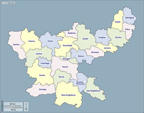 Jharkhand free map, free blank map, free outline map, free base map outline, districts, names, color