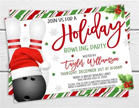 Editable Holiday Bowling Party Invitation, Christmas Bowling Party Invite, Winter Birthday Party ...