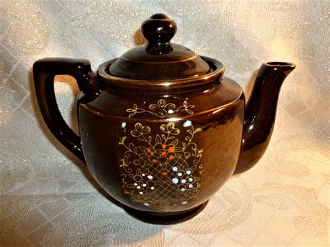 Beautiful Vintage Chocolate Brown Teapot With Intricate Floral Design And Gold Trim Very Pretty ...