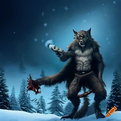 Art of a barbarian werewolf in a wintery forest on Craiyon