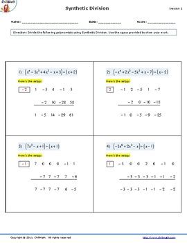 Synthetic Division Worksheet by Algebra and More | TPT