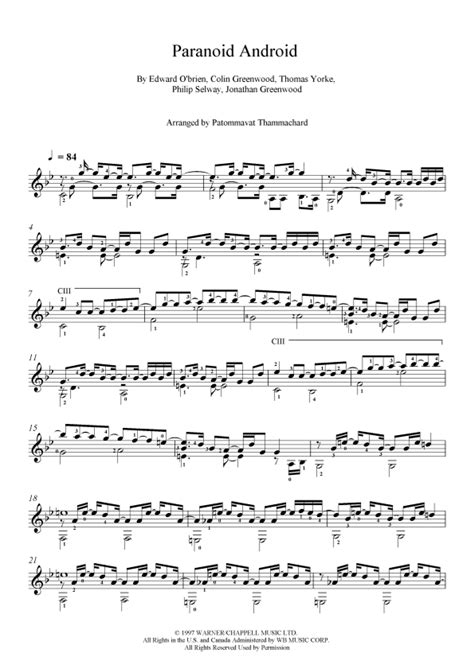 Paranoid Android (arr. Patommavat Thammachard) by Radiohead Sheet Music for Solo Guitar at Sheet ...