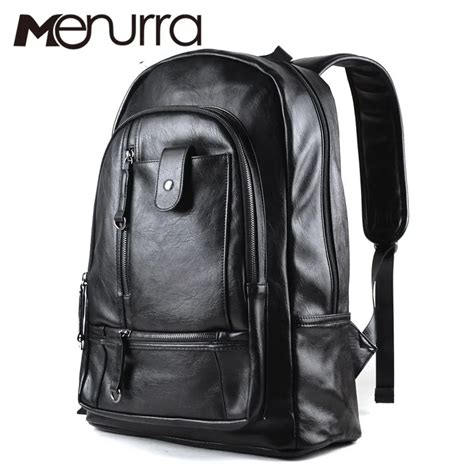 Men's New Black leather shoulder backpack PU soft leather Male Backpack ...