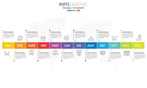 Timeline infographic template with 12 label, 12 months 1 year with steps and options. 1943350 ...