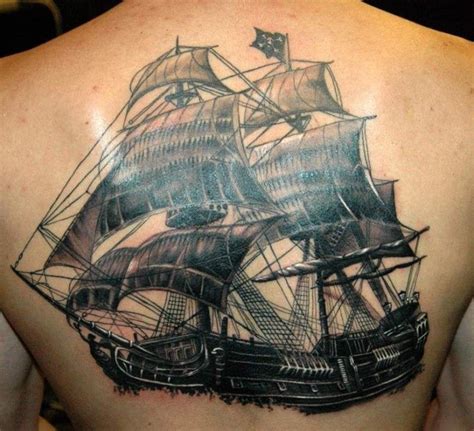 Cool Black Ink Pirate Ship Tattoo On Man Upper Back | Ship tattoo ...