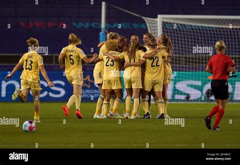 Belgium players celebrate after the UEFA Women's Euro 2022 Group D match at the Manchester City ...