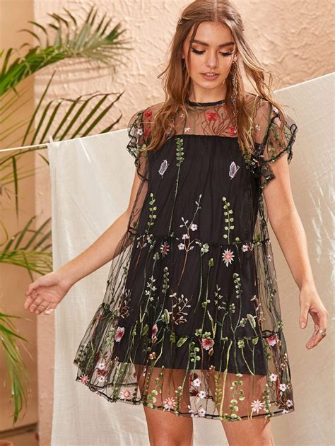 Floral Embroidery Mesh Overlay Button Keyhole Dress | Floral mesh dress, Fashion, Mesh dress