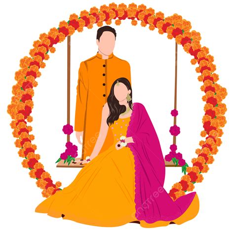 Indian Wedding Clipart Containing Bride And Groom Wearing Yellow Colour ...