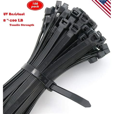 Pack of 100 8 Inch Black Cable Zip Ties. Heavy Duty Wire Ties with 100 LB Tensile Strength ...