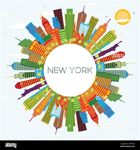 New York USA City Skyline with Color Skyscrapers, Blue Sky and Copy Space. Vector Illustration ...