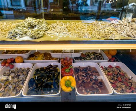 Fresh pasta and seafood, window display, food market, Venice, Italy ...