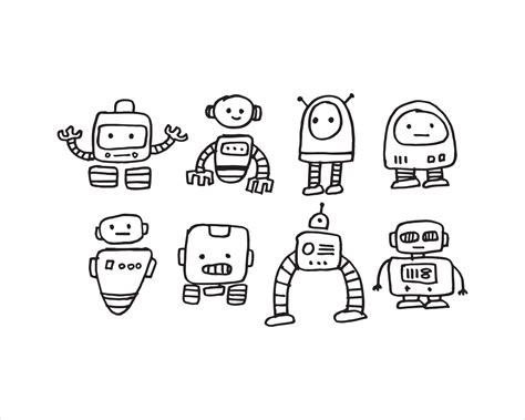 a vector illustration of the robot. robot sketches on white background with various types. a set ...