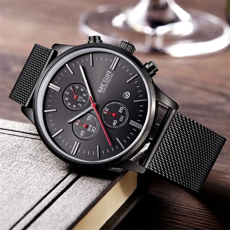 MEGIR men's quartz watches stainless steel mesh band black watch ...