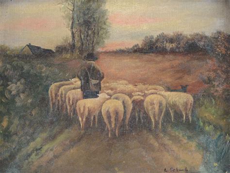 Vintage Oil Painting of Shepherd and Sheep | EBTH