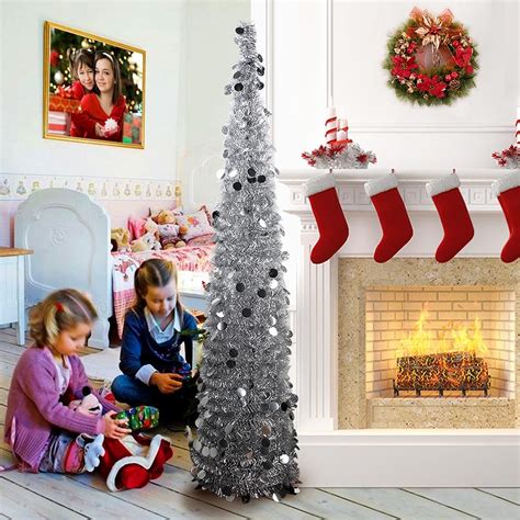 AerWo 5ft Pop up Christmas Tinsel Tree with Stand, Gorgeous Collapsible Artificial Christmas ...