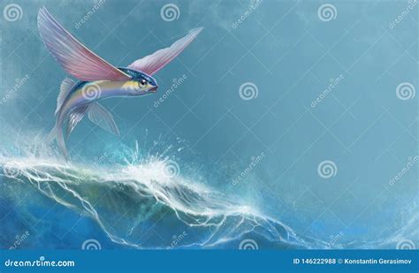 Flying Fish Jumping and Flying. Stock Illustration - Illustration of animal, waves: 146222988