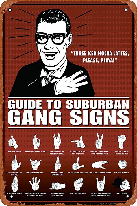 Amazon.com: Guide To Suburban Gang Signs Funny Metal Tin Signs Room Stuff Wall Decor Sign 8x12 ...
