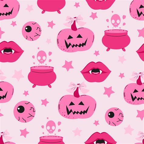 Halloween seamless pattern background design with funny pink pumpkin, witch cauldron and other ...