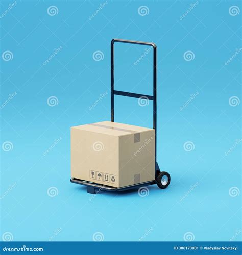 Trolley with Cardboard Shipping Box Made of Cardboard Isolated on Blue Background Stock ...