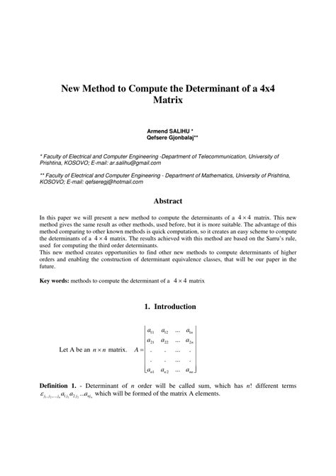 (PDF) New Method to Compute the Determinant of a 4x4 Matrix