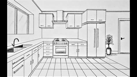 How to draw a kitchen in one point perspective - YouTube