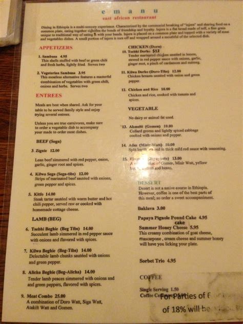 Emanu East African Restaurant Menu - Urbanspoon/Zomato