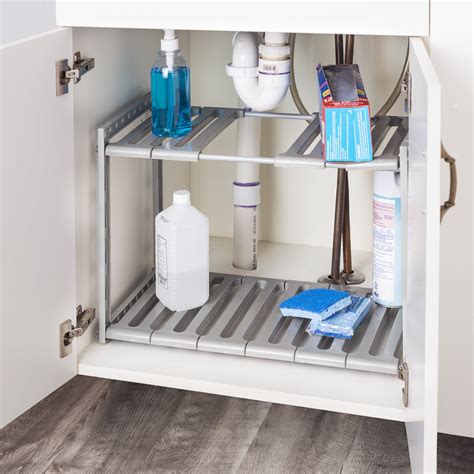 Home Basics 2 Tier Adjustable Multi-Functional Plastic Under Sink Organizer, Grey - Walmart.com