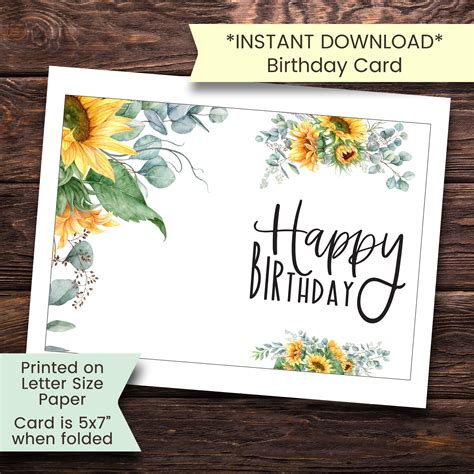 Sunflower Birthday Card Sunflower Card Printable Sunflower | Etsy