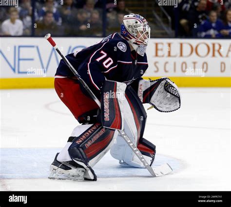 Columbus Blue Jackets goalies Joonas Korpisalo, of Finland, is seen against the Toronto Maple ...