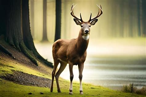 Premium AI Image | A deer with antlers stands in a field near a lake.